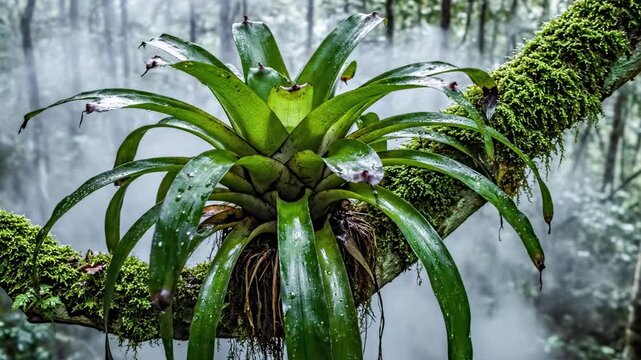 Epiphytic bromeliad resting on a mossy branch in clouded wilderness, tropical rainforest canopy slow motion portrait with wet leaves, aerial roots, cool vapor, and untouched jungle tranquility