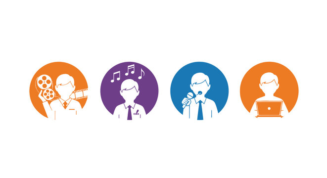 A series of flat circular icons depict professionals in media and technology roles