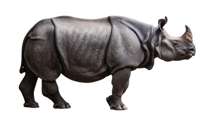 Obraz premium Isolated large majestic rhinoceros side view, powerful wild mammal with single horn