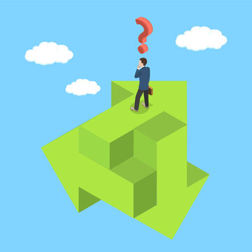 3D Isometric Flat Vector Illustration of Tough Decision, Man Unsure Of Direction, Contemplating Arrow Signs With Question Mark