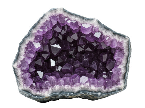 Isolated exquisite natural amethyst geode displaying vibrant purple quartz crystals formation