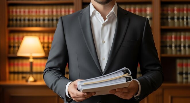 Professional lawyer holding documents in a courtroom library