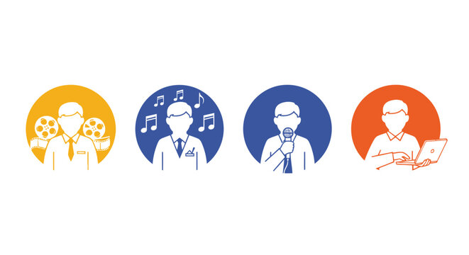 Four circular icons depict different professionals filmmaker musician speaker and digital worker