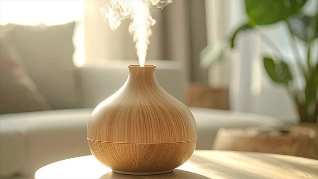 A wooden essential oil diffuser emits vapor, lit by natural sunlight. Indoor setting with a couch