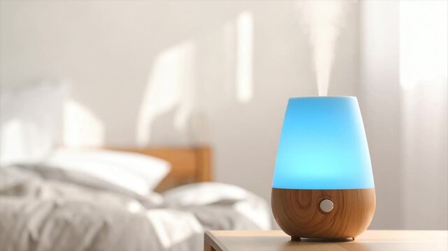 A lit diffuser with steam, bedroom background, natural light, and soft color scheme