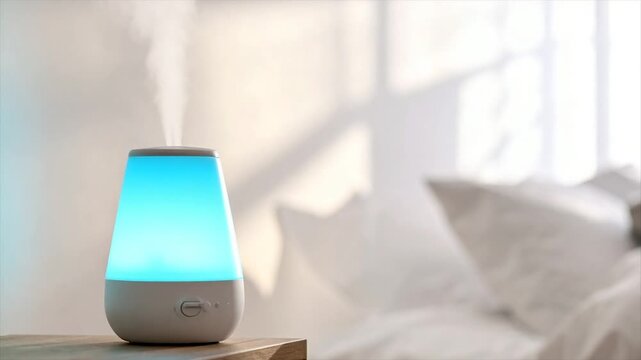 A blue-glowing diffuser emits mist on a wooden surface, with a blurred bed and window