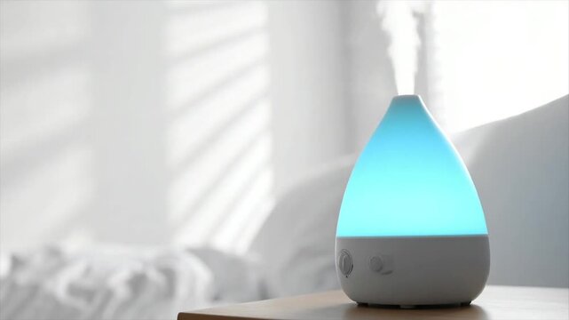 A cool-toned essential oil diffuser releases steam. Soft light and white decor in the background