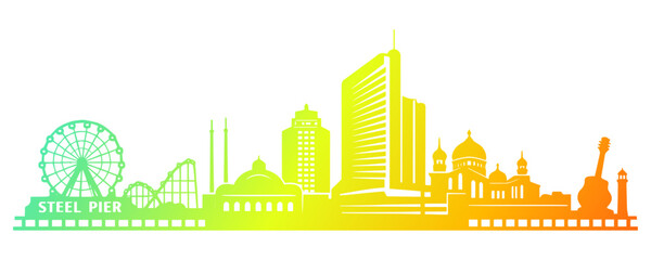 Atlantic City Skyline Silhouette Vector Illustration with Steel Pier Iconography and Rainbow Gradient © prettygfx