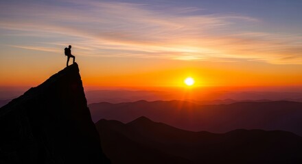 Fototapeta premium A silhouette stands atop a rugged peak watching the golden sun dip below the horizon, casting orange light over vast valley ridges below, hiking, summit, vista