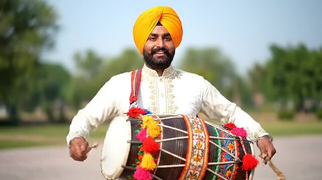 Sikh Man Playing Dhol Drum Outdoors Wearing Traditional Attire.