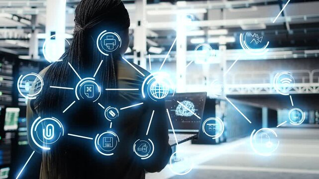 Woman walking in data center, using laptop to do maintenance, AI driven automation tools overlay. Developer in server room using artificial intelligence machine learning models, AR visualization