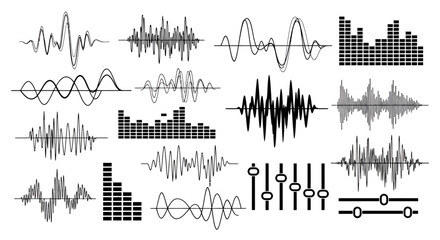 Obraz premium Abstract collection of sine waves and waveform graphs representing audio signals and data visuals.