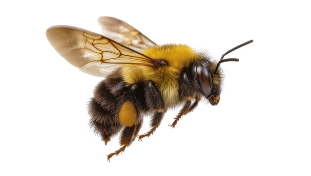 Isolated fluffy bumblebee with yellow pollen on leg, detailed close-up shot of flying insect