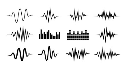 Naklejka premium Abstract waveforms and bar graphs depicting audio signal patterns and frequency visualization.
