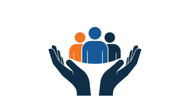 A graphic depiction of cupped hands protectively holding figures of people beneath a global sphere