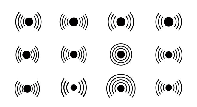 Collection of black and white circular signal icons with concentric rings in a repeating grid pattern.