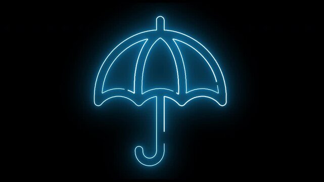 Neon-lit blue umbrella outline against a black background with a white stripe.