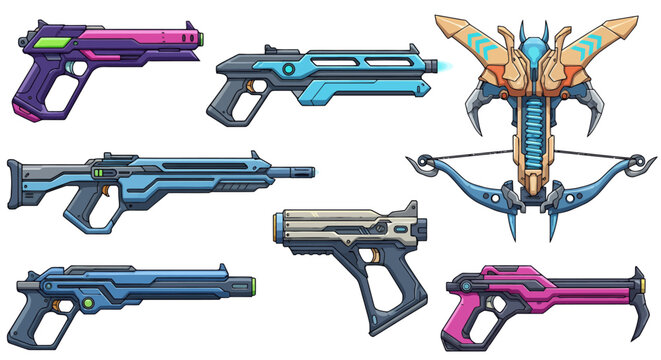 Collection of colorful toy blasters and a decorative horned mask arranged for display.