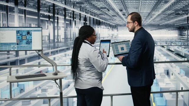 Brainstorming, microelectronics and businesspeople in smart factory developing technology roadmaps. Upgrading semiconductor, devices and teamworking employees using engineering tech software, camera A