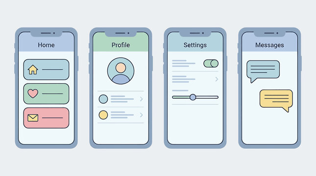 Modern Mobile Application User Interface Design Kit Showcasing Essential Screens for Streamlined Digital Productivity, User Personalization, and Seamless Communication Experience