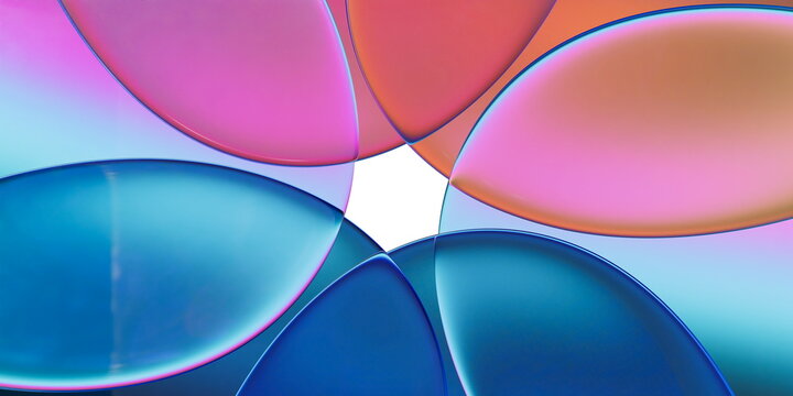 3D Illustration of Overlapping Translucent Iridescent Discs with Vibrant Pastel Refractions