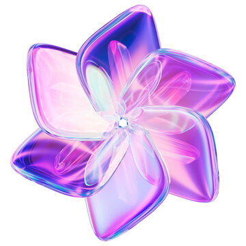 3D Illustration of a Symmetrical Double-Layered Glass Flower with Radiant Holographic Refractions