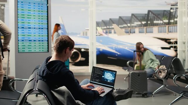 Independent developer programming artificial intelligence algorithms and analyzing data in busy airport, advanced coding techniques and scripts connected to cloud servers. Nomadic lifestyle.