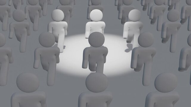 無表情で行進するアイコン人間の集団　3Dアニメーション