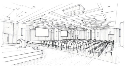 Detailed architectural sketch of a large conference hall interior. © Dika