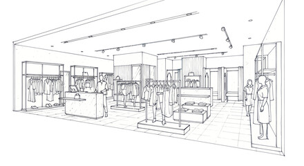 Detailed architectural sketch of a modern retail clothing store interior design. © Dika