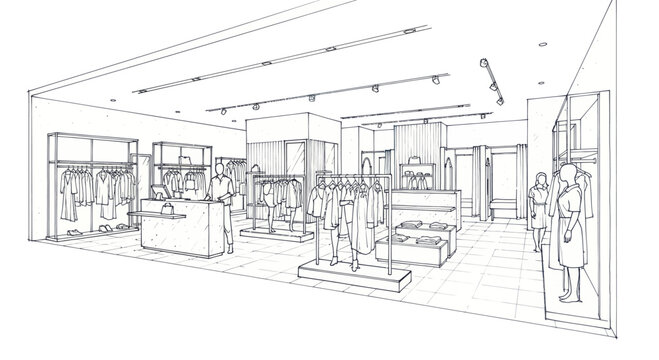 Detailed architectural sketch of a modern retail clothing store interior design.