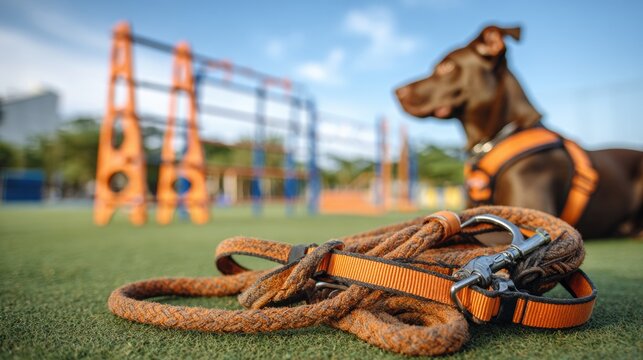 Pet Training School Outdoor Area With Agility Equipment and Dog Harness in Clear Sky and Grass Field