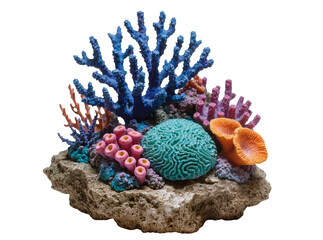 Isolated colorful artificial coral reef decoration on a rock base, vibrant aquatic habitat © Ciara