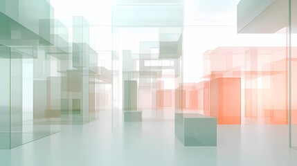 Obraz premium Ethereal 3D transparent glass city structure with peach and teal accents on white background for futuristic architectural concept