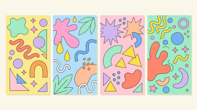 Set of five colorful abstract panels with playful organic and geometric shapes.