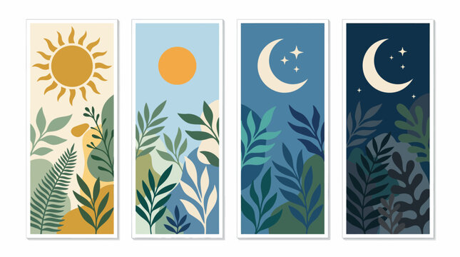 Four-panel botanical day-to-night illustration featuring sun and moon phases.