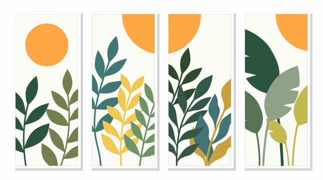 Abstract Botanical Panel Illustration with Stylized Leaves and Minimal Color Blocks.