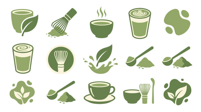 A collection of stylized green icons representing matcha tea, including cups, whisks, and leaves, illustrating the preparation and enjoyment of this popular beverage.