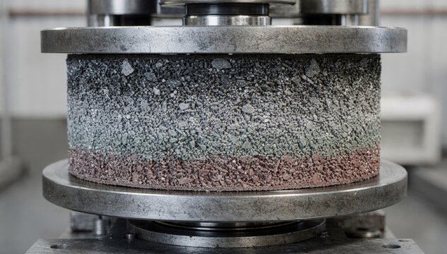 Medium shot of a straight grinding wheel being pressed showing detailed compaction of abrasive grains into a dense durable bonded wheel for precision industrial grinding.