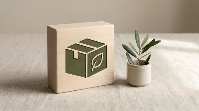 Wooden block featuring a carved cardboard box icon with a leaf symbol representing eco friendly sustainable shipping and green packaging solutions daily