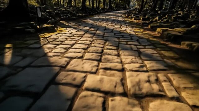 Cobblestone path in forest sunlight.