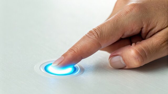 Finger pressing a glowing circular button on a sleek, modern surface, symbolizing activation or starting a device.