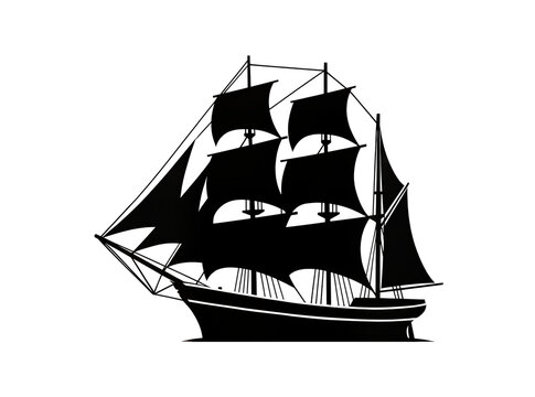 Isolated old sailing ship silhouette, vintage tall ship with sails and masts, classic maritime vessel