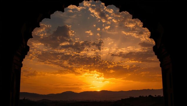 Dramatic sunset sky with vibrant orange and yellow clouds framed by an ancient arched silhouette