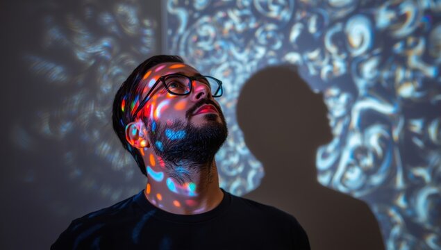 Thoughtful man with beard and glasses illuminated by vibrant psychedelic light projections