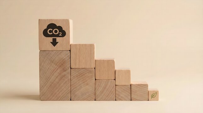Wooden blocks arranged like a declining staircase chart illustrate the successful reduction of carbon dioxide emissions for global environmental climate change awareness goals