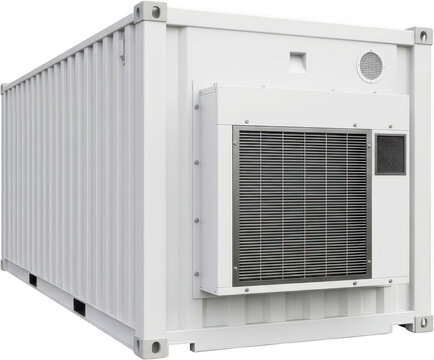 Modern white shipping container unit featuring a large industrial air conditioning unit and ventilation grilles attached to its side HVAC storage module reefer refrigeration
