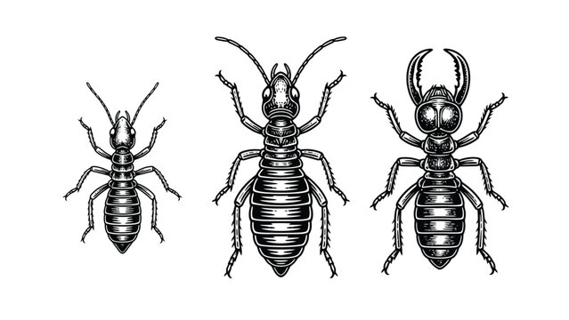 Detailed Termite Castes Engraving Set: Worker, Soldier, and Reproductive Forms Illustration for Pest Control