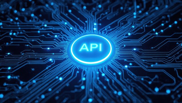 Api concept with glowing blue circuit board representing application programming interface technology