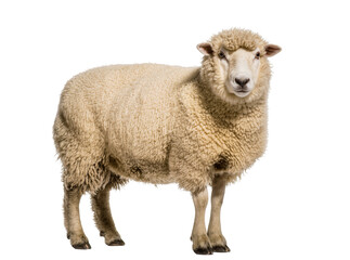 Fototapeta premium Isolated adult domestic sheep with a thick woolly coat standing and gazing directly